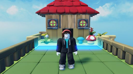Roblox Legend of Heroes Simulator codes - a Roblox character standing in front of a little house