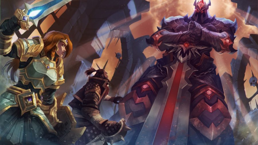 Legend of Keepers hero art showing two soldiers face up to a giant man with a sword wearing a helmet. When I say giant, I mean skyscraper tall knight guy.