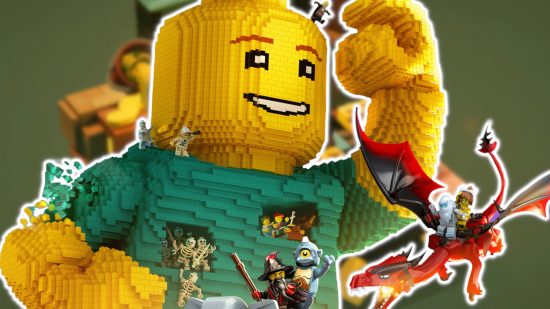 Lego games: The Lego man built out of Lego bricks from Lego Worlds, plus all the creatures around him, cut out and outlined in white and pasted on a blurred background of a Lego Builder's Journey level.