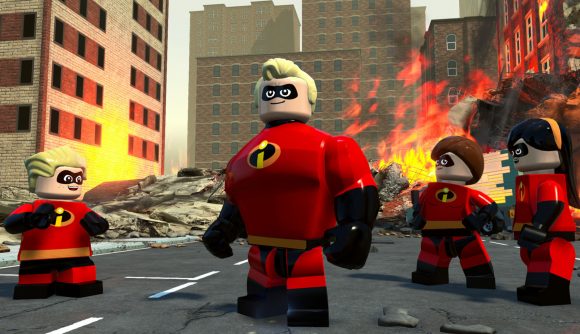 Lego games: A screenshot from Lego Incredibles showing the full family standing in a burning city.