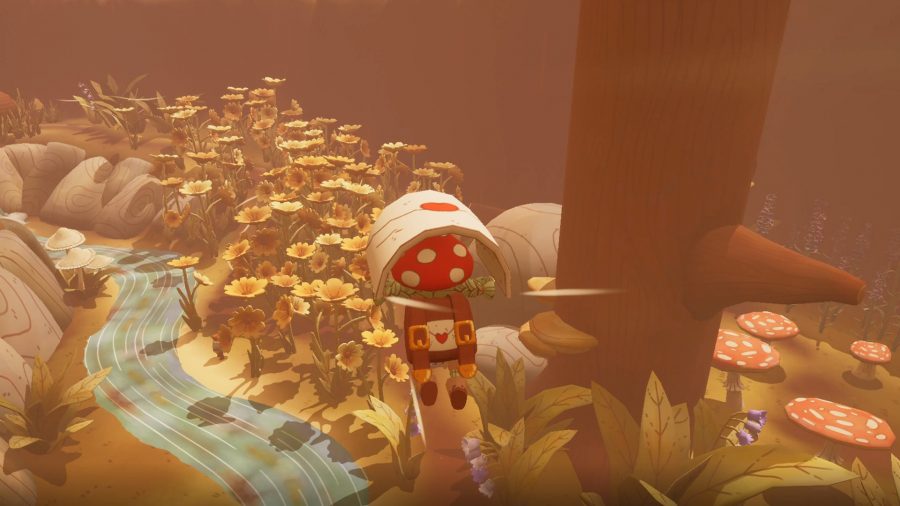 Mail Time: A screenshot from Mail Time showing the character gliding across a small stream surrounded by large yellow flowers.