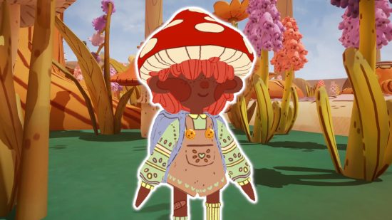 Mail Time release date: A customised character from Mail Time with a red and white mushroom hat, orange hair, dark brown skin, and a green jumper with a brown pinafore over the top, outlined in white and pasted on a screenshot from the game showing a field with giant flowers.
