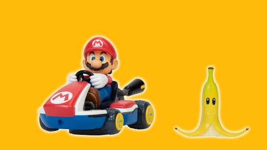 mario kart hot wheels: a mario kart hot wheels figure appears against a yellow background