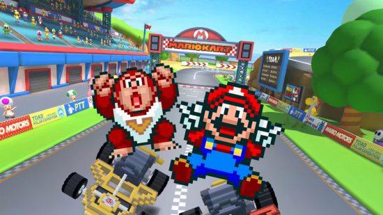 Screensho of pixel Mario and Donkey Kong from the Mario Kart Tour Mario Tour trailer
