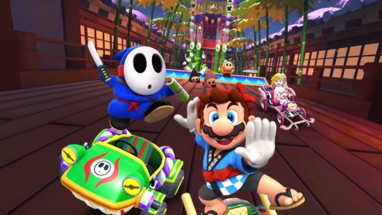 Screenshot from the Mario Kart Tour Ninja Tour promo trailer with Mario in full kimono gear