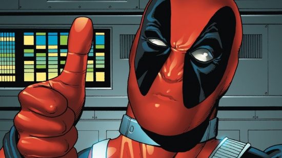 Marvel Snap 2023 roadmap: A close-up illustration of Deadpool giving a thumbs up on a mechanical looking background. You can see his pursed lips through his mask.