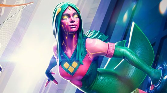 Viv Vision and Kate Bishop join MCoC: A close up of Viv Vision as she appears in MCoC, a synthezoid with red skin, greet straight hair, yellow eyes, and a superhero costume that's red with green accents and yellow diamonds.