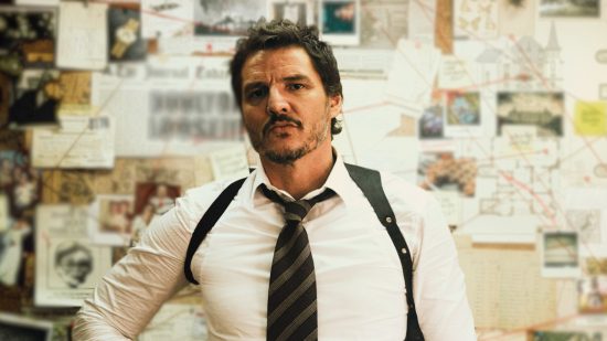 Merge Mansion short film Pedro Pascal: Pedro Pascal dressed as a police detective wearing a white button-up shirt, grey and black tie, and a leather gun holster on his back. He has one hand on his hip and is standing in front of a blurred conspiracy board filled with newspaper clippings, red string, and post-it notes.