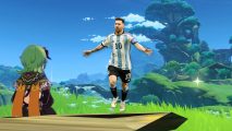 Screenshot of Lionel Messi running up to Genshin Impact character in Teyvat