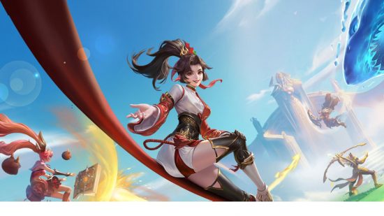 Mobile games player spending - a woman sliding on a red rail in a blue sky in art for Honor of Kings - she has black hair tied up and a white and black outfit.