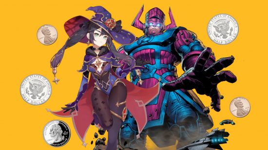 Custom image for mobile games forced change article with Mona from Genshin Impact and Galactus from Marvel Snap on the screen alongside american small change