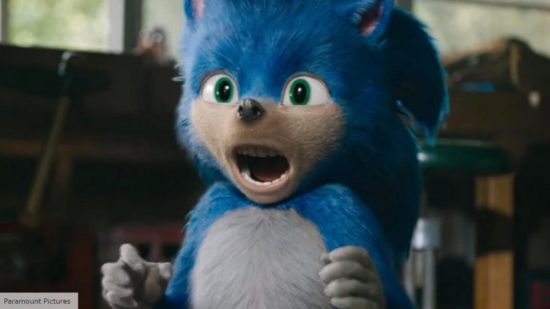 Screenshot of the original Sonic design from the Paramount Pictures film