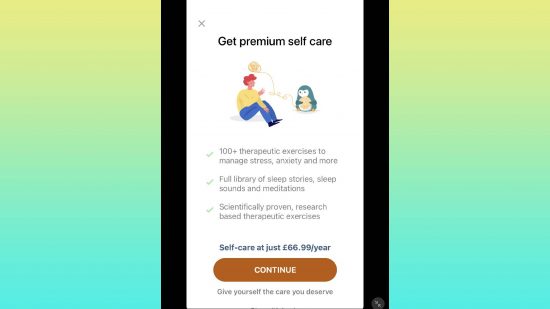 Mobile wellness apps: a screenshot shows information from a wellness app, bring promoted online and offering services at a premium price