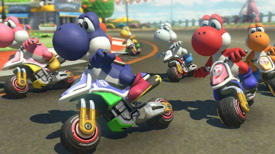 Motorbike games: a series of Yoshis ride on bikes