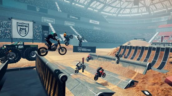 Jeux de moto : une prise de vue en 2D montre plusieurs motos sautant par-dessus des rampes