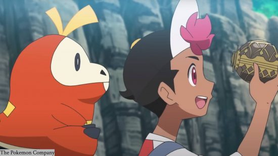 New Pokémon characters: a young boy character called Roy is shown, holding up a Pokeball, with his partner Pokemon Fuecoco behind him