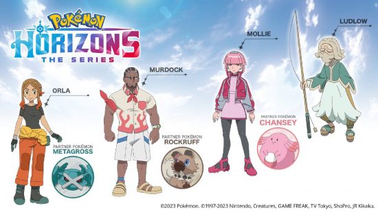 New Pokémon characters: an infographic shows four different characters announced for Pokémon Horzions, Orla, Murdock, Mollie, and Ludrow