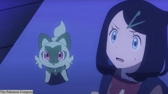 New Pokémon characters: a young girl is shown, looking up, next to her partner pokemon the grass cat Sprigatito