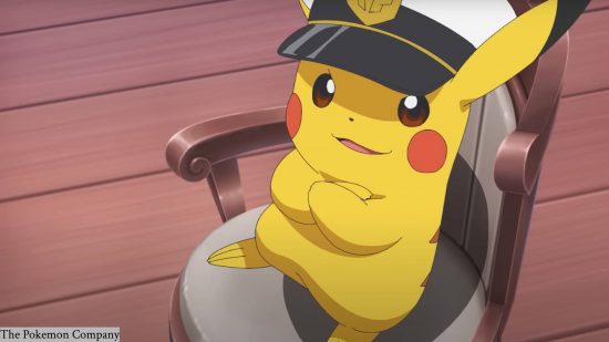 New Pokémon characters: a Pikachu wearing a captains hat is sat on a chair, with its arms folded