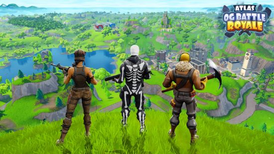 Three characters standing on a hill overlooking Atlas' OG Fortnite map