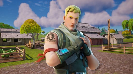 A character standing with his fists clasped, ready for battle on an OG Fortnite map