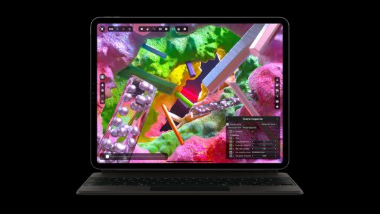 OLED iPad Pro rumour header showing a MiniLED iPad Pro on the Magic Keyboard, on a black background, showing a purple and green colourful scene of 3D rendering on its screen.