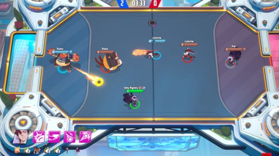 Screenshot of a game in OMega Strikers with the goalie kicking it out