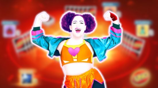 Party games: The Just Dance character from Physical, who has two afro puffs, a cropped orange top with a heart on it, a blue jacket, and orange shorts, showing off her muscles and winking at the camera. She is outlined in white and pasted on a blurred background of Uno online.