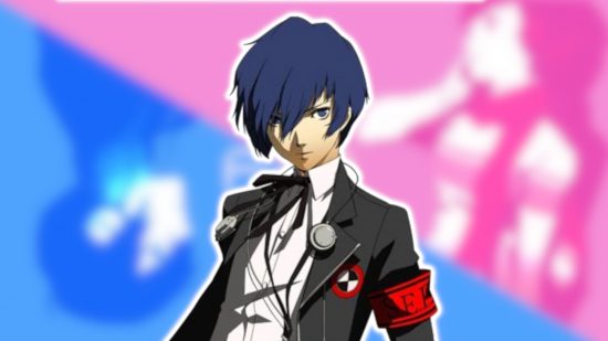The Persona 3 protagonist (male version) outlined in white and pasted on a blurred pink and blue background showing the two different protagonists.