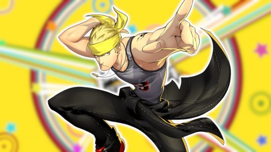 Persona 4 Kanji: Kanji leaping in the air wearing a grey vest top, yellow headband, and black trousers and pointing at the camera.
