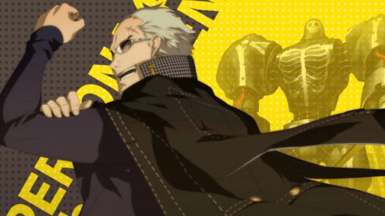 Persona 4 Kanji: A graphic of Kanji and his Persona on a black and yellow background.