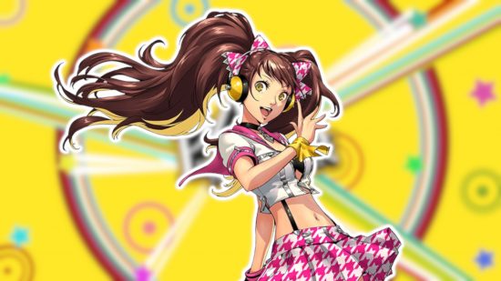 Persona 4 Rise: Rise in her idol outfit from Dancing All Night striking a dynamic pose and smiling. She is outlined in white and pasted on a blurred Persona 4 Golden background.