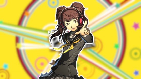Persona 4's Rise outlined in white and pasted on a blurred Persona 4 Golden background. She is wearing her school uniform and headphones and pointing at the camera.