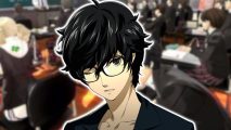 Persona 5 Royal answers: The Persona 5 protagonist Ren Amiyama aka Joker looking sleepy, with one eye closed and wearing a black jacket. His black hair is wavy and messy. He is outlined in white and pasted on a blurred background of the Persona 5 classroom.