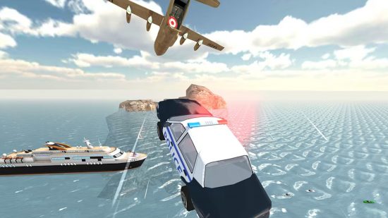 Screenshot di un'auto che salta su un aereo in salto sull'aereo per la guida ai giochi aerei