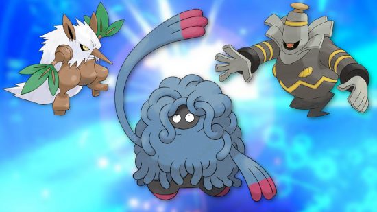 Pokémon evolutions - Shiftry, Tangrowth, and Dusclops against a blue shiny background