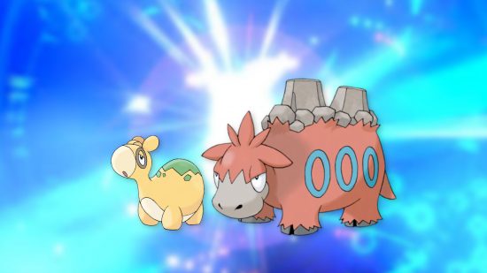 Pokémon evolutions - Numel and Camerupt against a blue shiny background