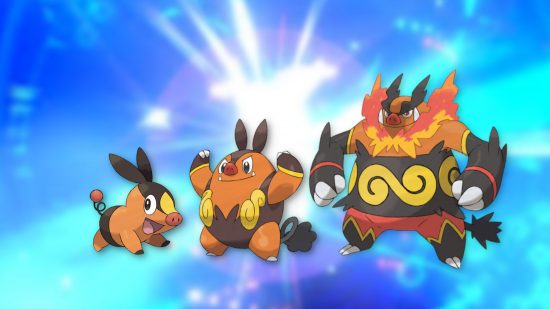 Pokémon evolutions - Tepig, Pignite, and Emboar against a blue shiny background