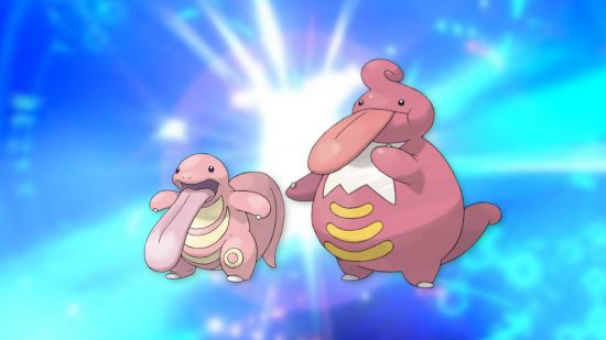 Pokémon evolutions - Lickitung and Lickilicky against a blue shiny background