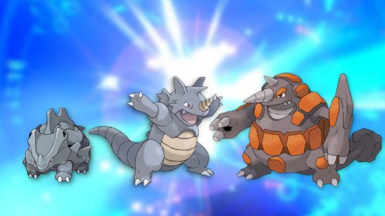 Pokémon evolutions - Rhyhorn, Rhydon, and Rhyperior against a blue shiny background