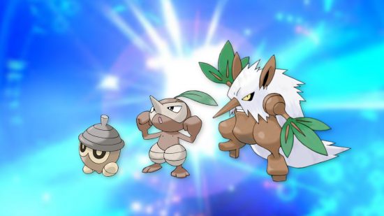 Pokémon evolutions - Seedot, Nuzleaf, and Shifry against a blue shiny background