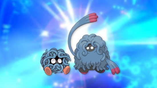 Pokémon evolutions - Tangela and Tangrowth against a blue shiny background