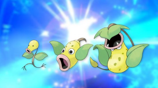 Pokémon evolutions - Bellsprout, Weepinbell, and Victreebel against a blue shiny background