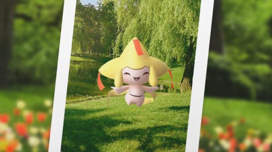 Pokemon Go Jirachi: Shiny Jirachi caught on camera in a park, smiling and floating. The picture is in a white frame with a blurred park behind it.