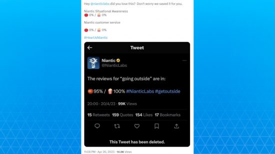 Pokemon Go remote raid changes: A screencap of a tweet replying to a deleted tweet from Niantic, mocking fans for not wanting to go outside.
