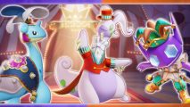Pokemon Unite Goodra and Lapras: The announcement image of the performance style holowear for Lapras, Goodra, and Sableye cropped to show just the Pokemon and overlayed on a blurred purple and orange Unite background.