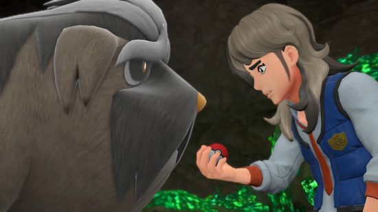 Pokémon villains - Mabostiff and Arven looking at a Pokéball