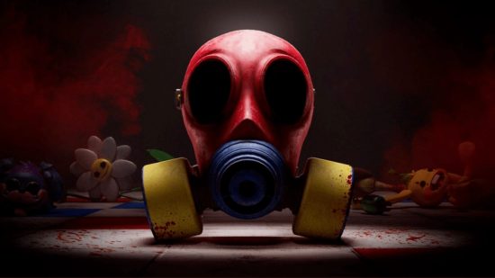 Poppy Playtime Chapter 3: The thumbnail image from the Poppy Playtime Chapter 3 teaser trailer, featuring a red gas mask with a blue mouthpiece and yellow filters in a spotlight, surrounded by limp, abandoned toys in a dark room.