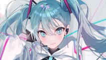 Project Sekai ranked mode: Artwork of Hatsune Miku with her iconic blue twintails wearing a futuristic white hooded jacket.