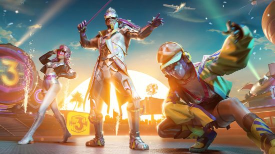 PUBG Mobile fifth anniversary - splash art from season 3 showing three characters in bright outfits